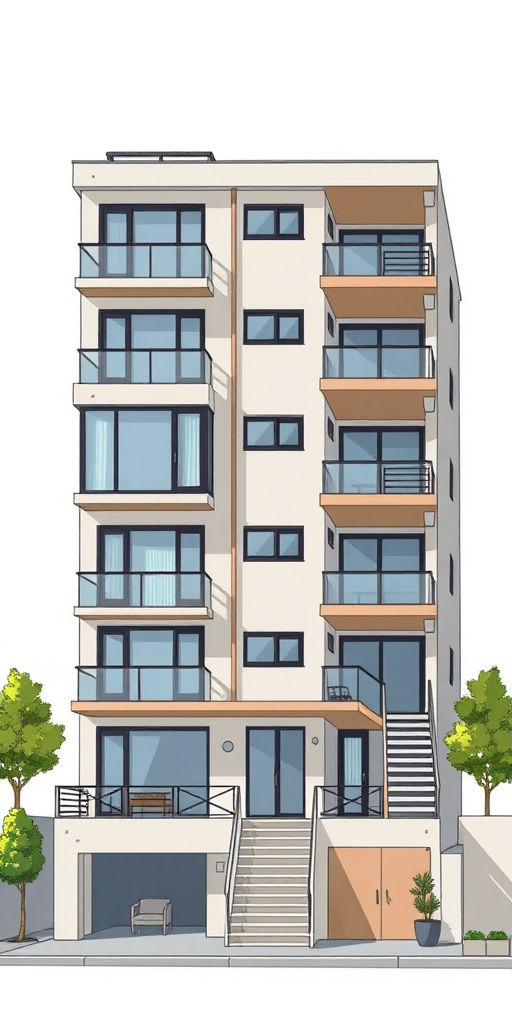 Create a detailed vector illustration of a modern apartment building with three distinct sections, featuring large windows, balconies, and a stylish staircase, set against a simple background, captured in a wide-angle view with a focus on cleanliness and symmetry, using a digital camera with ISO 100, f/8 aperture, and a lens focal length of 24mm.