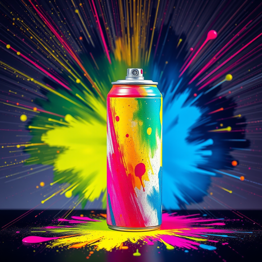 Regenerate the image of a colorful spray paint can with a vibrant explosion shape around it, capture with a DSLR camera at f/8 aperture, 50mm lens, 1/200 sec shutter speed, and a vibrant filter for enhanced colors.