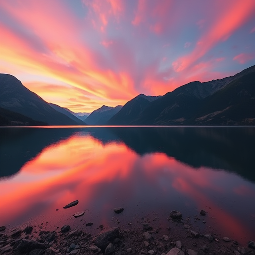 Generate a high-resolution image of a serene landscape featuring a calm lake surrounded by mountains during sunset, with vibrant colors reflecting in the water, captured with a Canon EOS R5, 50mm lens, f/1.8 aperture, ISO 100, and a tripod for stability.