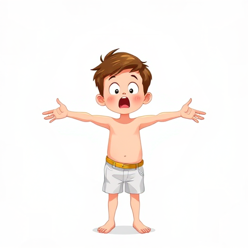 Create a cartoon-style illustration of a surprised young boy with short brown hair, standing with arms wide open, wearing white shorts, set against a soft-focus white hexagonal background, using a high-resolution digital camera (f/4 aperture, 1/60s shutter speed, ISO 100) from a frontal view.