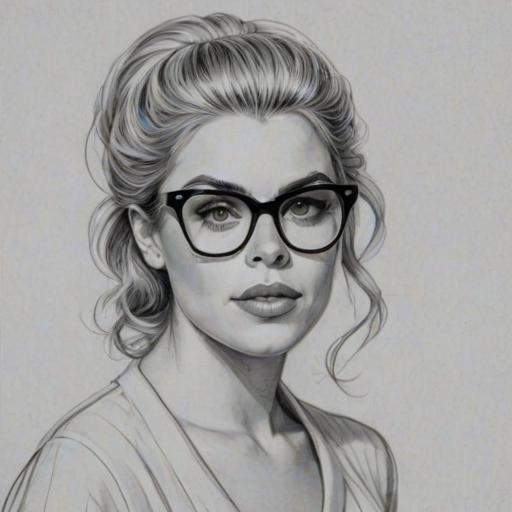Wonderful Busy Philipps, pencil sketch, portrait of Comely woman 1958s in glasses, hair style beatnik, outline, clear lines, fine lines, 8k