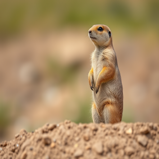 A prairie dog standing upright on a dirt mound in a natural setting, captured with a Canon EOS 5D Mark IV, 200mm lens, f/4 aperture, ISO 100, 1/200 sec shutter speed, shallow depth of field, soft bokeh background.