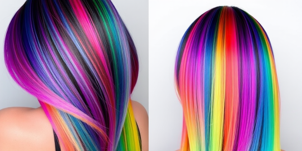 Mesmerizing rainbow hair in the "Prism Power" design showcases a seamless blend of vibrant hues in a sleek, straight style