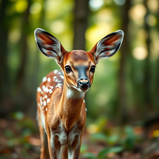 A fawn in a forest setting, captured with a DSLR camera at 50mm focal length, aperture f/2.8, ISO 200, in natural light with a shallow depth of field, showcasing detailed fur and soft background bokeh.