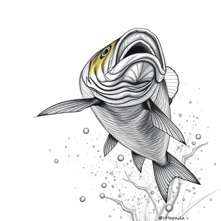 Create a high-resolution sketch of a leaping fish with detailed scales and fins, captured in full color, using a DSLR camera with a 50mm lens at f/1.8, 1/250 sec shutter speed, and ISO 100, from a dynamic low-angle view to enhance the sense of motion.