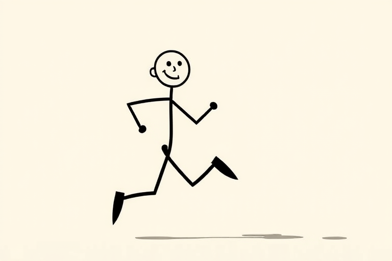 Create a minimalistic illustration of a stick figure running with a cheerful expression, in a dynamic pose, high resolution, 50mm lens, f/2.8 aperture, ISO 100, natural light, shot from a low angle for added perspective.