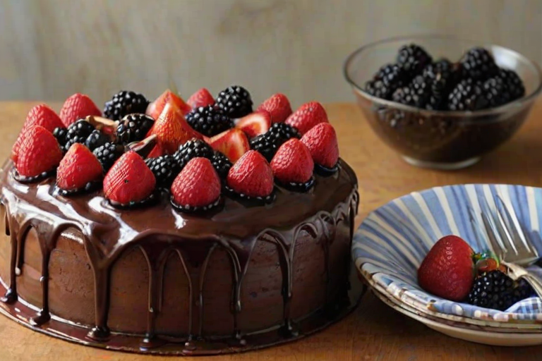 Create an image of a rich chocolate cake topped with an assortment of fresh berries, including strawberries, raspberries, and blackberries. The cake should have a glossy chocolate ganache dripping down the sides, and the background should be simple and elegant, featuring a rustic wooden table and a bowl of berries. Include a striped cloth nearby for added texture.