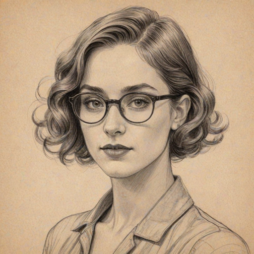 Radiant Eden Brolin, pencil sketch, portrait of Fascinating woman 1923s in glasses, hair style beatnik, outline, clear lines, fine lines, 8k