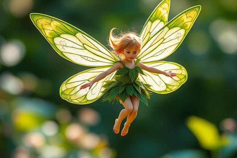 Create an image of a fairy in mid-air with intricate green and white wings, wearing a leafy outfit, captured in vibrant colors and high detail, use a DSLR camera with a 50mm lens, aperture set to f/2.8, ISO 100, and natural soft lighting.