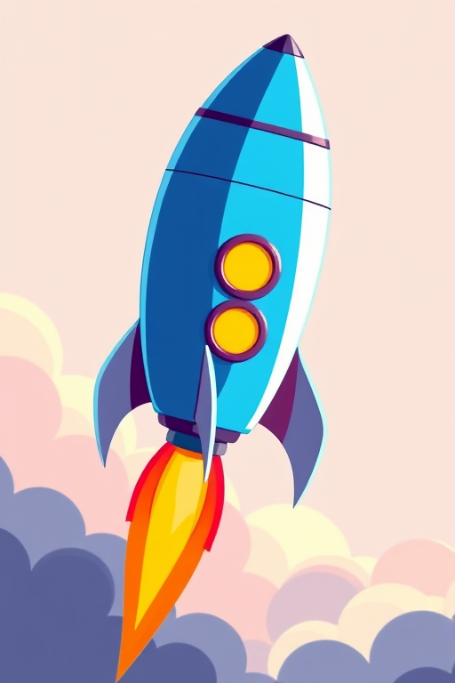 Generate a vector-style illustration of a cartoon rocket with a sleek design and vibrant colors, using a Canon EOS 5D Mark IV with a 50mm lens at f/2.8, ISO 100, and a shallow depth of field, capturing a dynamic side view to emphasize motion and detail.
