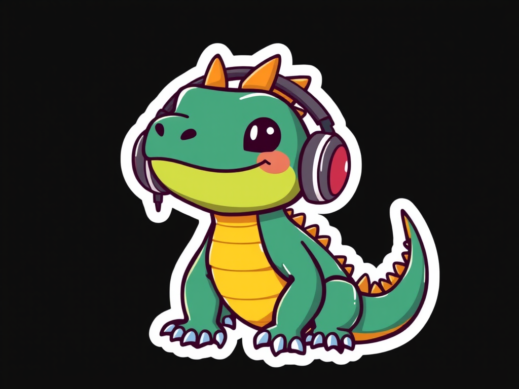 this picture is sticker, Happy Colorful Komodo dragon wearing Headphones, kawaii, contour, vector, black background