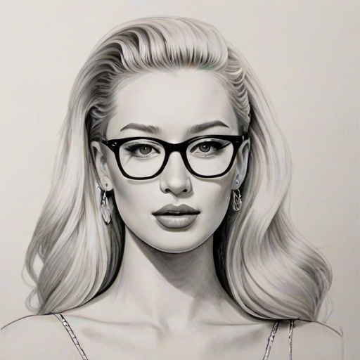 Exquisite Iggy Azalea, pencil sketch, portrait of Beauteous woman 1951s in glasses, hair style beatnik, outline, clear lines, fine lines, 8k