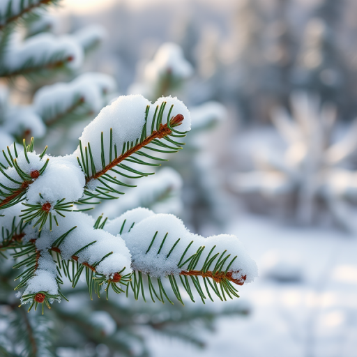 close-up of snow-covered pine branches with blurred background of a winter landscape, soft natural lighting, shallow depth of field, aperture f/2.8, ISO 200, 50mm lens, DSLR camera, focus on foreground snow details