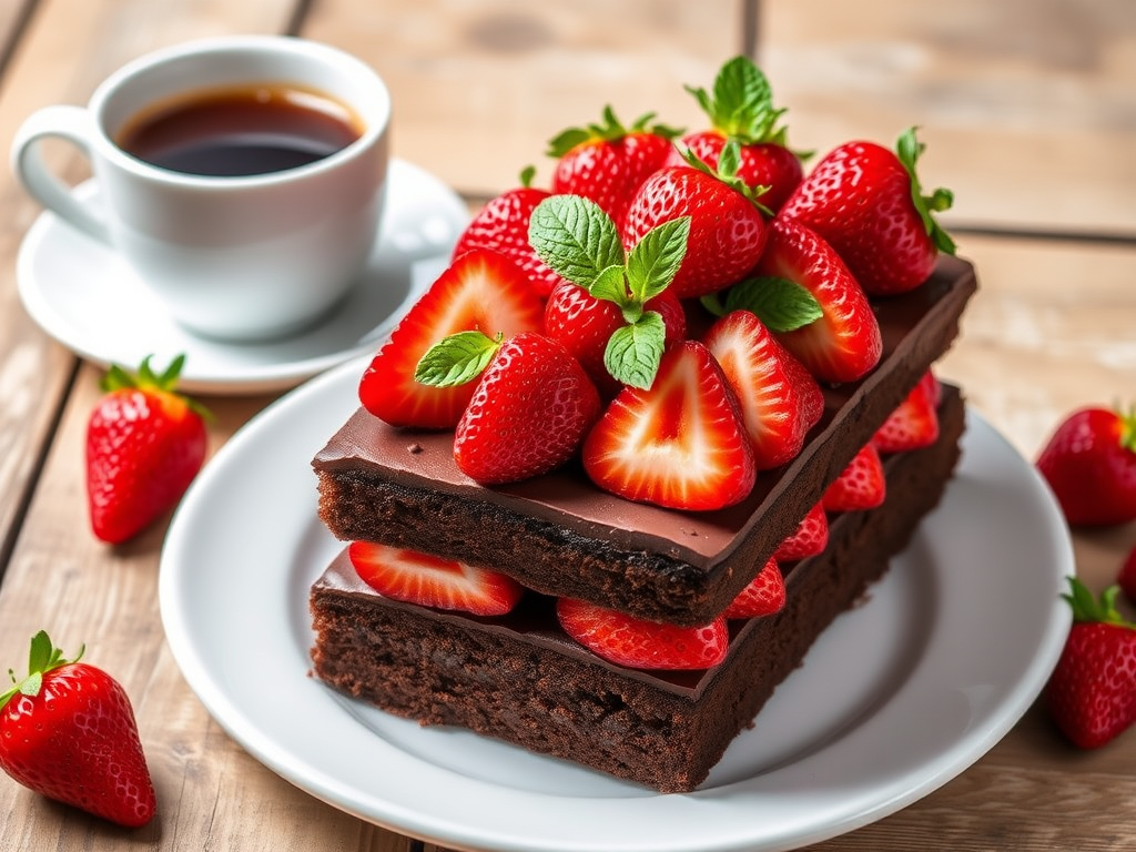 A delicious chocolate cake layered with fresh strawberries on top garnished with mint leaves placed on a white plate with a rustic background featuring a cup of coffee and additional strawberries nearby