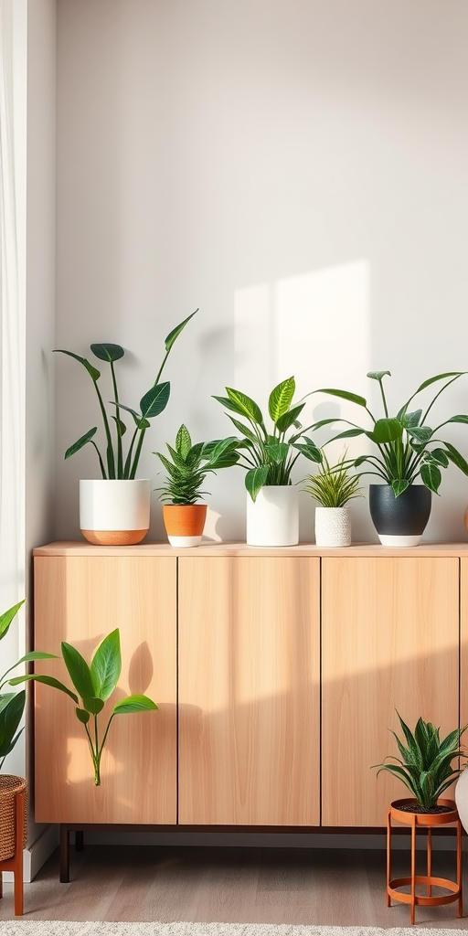 modern interior scene with a minimalist cabinet and various houseplants in decorative pots, soft natural lighting, camera settings: f/4, ISO 200, 1/60s, wide-angle lens, shot from a slightly elevated angle, digital camera