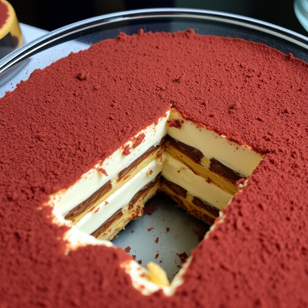 A close-up view of a delicious layered tiramisu dessert in a glass dish showcasing the rich chocolate dusting on top and the creamy layers beneath with a portion cut out revealing the texture and layers inside.