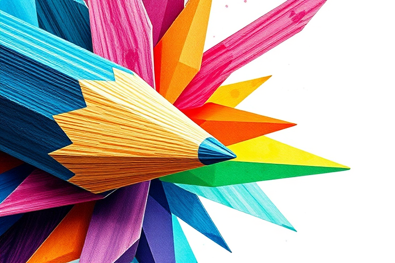 Create a high-resolution digital illustration of a geometric pencil design with vibrant colors, capturing intricate details, in portrait orientation, using a DSLR camera at f/8, ISO 100, with a 50mm lens and soft natural lighting.