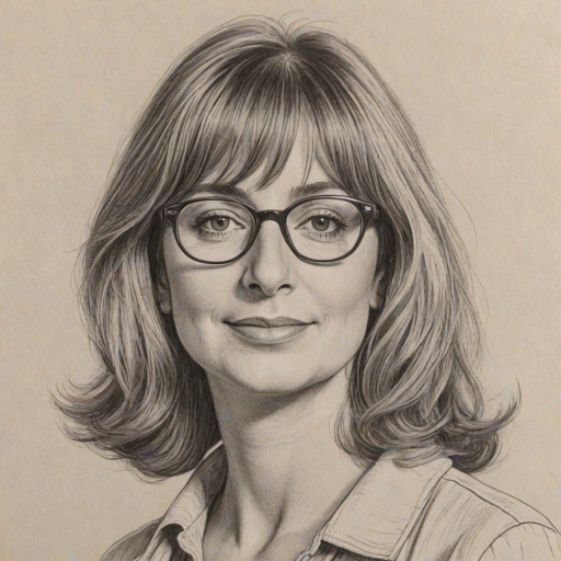 Radiant Penny Marshall, pencil sketch, portrait of Ravishing woman 1971s in glasses, hair style beatnik, outline, clear lines, fine lines, 8k