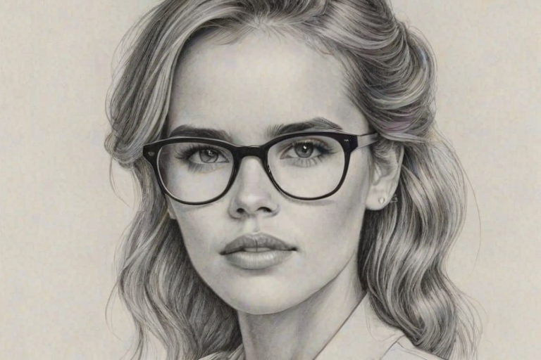 Graceful Isabel Lucas, pencil sketch, portrait of Sublime woman 1943s in glasses, hair style beatnik, outline, clear lines, fine lines, 8k