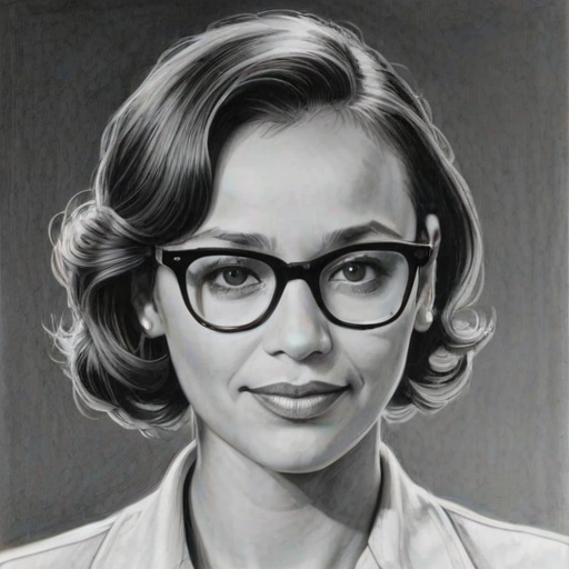 Attractive Rashida Jones, pencil sketch, portrait of Wonderful woman 1940s in glasses, hair style beatnik, outline, clear lines, fine lines, 8k