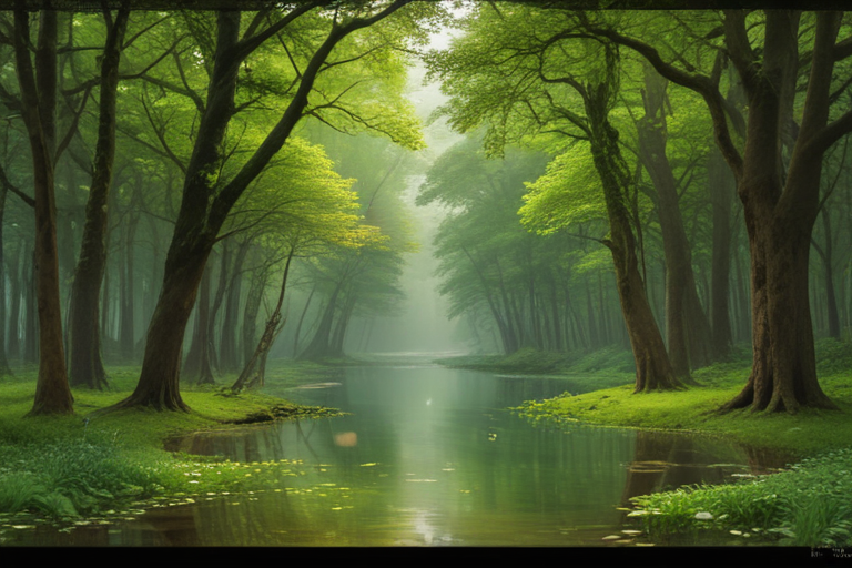 A Serene Forest Landscape with Lush Green Trees and Tranquil Waterway
