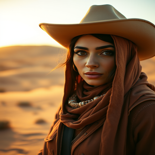 Dramatic photo of a beautiful Arab woman, classic cowboy attire, confident and free spirit expression, half-length portrait, centered, golden hour desert landscape, warm, diffused light, low angle, medium format film camera, in style of Annie Leibovitz.