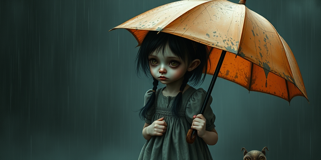 An eerie, weird little girl with dark hair in thin pigtails, wearing a smock dress, standing in the rain, holding a dirty orange umbrella, a small, odd creature beside her. In a surreal style inspired by Nicoletta Ceccoli and Brian Froud. Dark fantasy themes