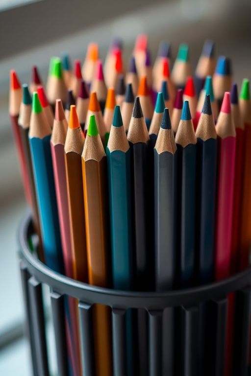Create a high-resolution image of an organized set of colored pencils in a black container with various colors visible, using a DSLR camera with a 50mm lens, aperture set to f/2.8 for a shallow depth of field, ISO 200, and natural light for enhanced color vibrancy.