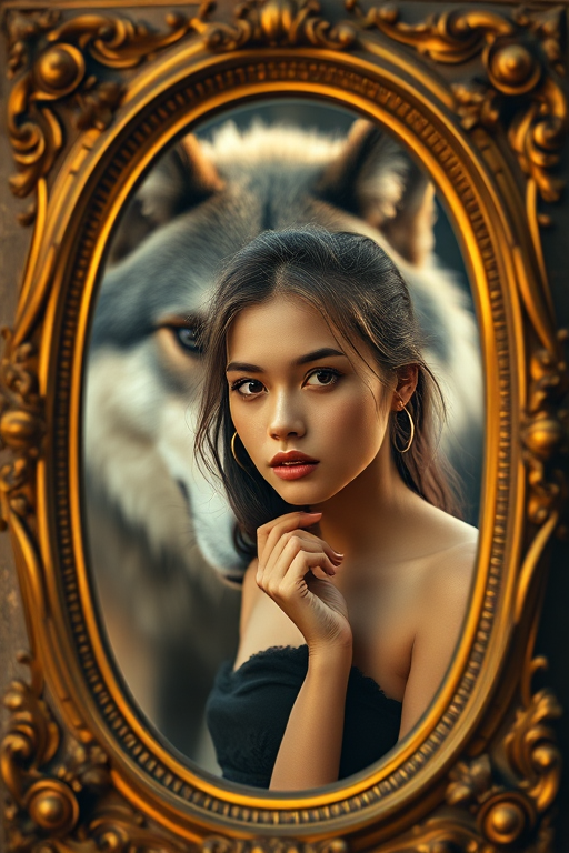 Regenerate an artistic portrait featuring a young woman with a thoughtful expression in a vintage mirror frame, a large wolf-like creature in the background, soft golden lighting, focus on emotional depth, use a Canon EOS R5 with a 50mm f/1.2 lens, aperture set to f/1.2, ISO 100, and a shallow depth of field for enhanced image quality.