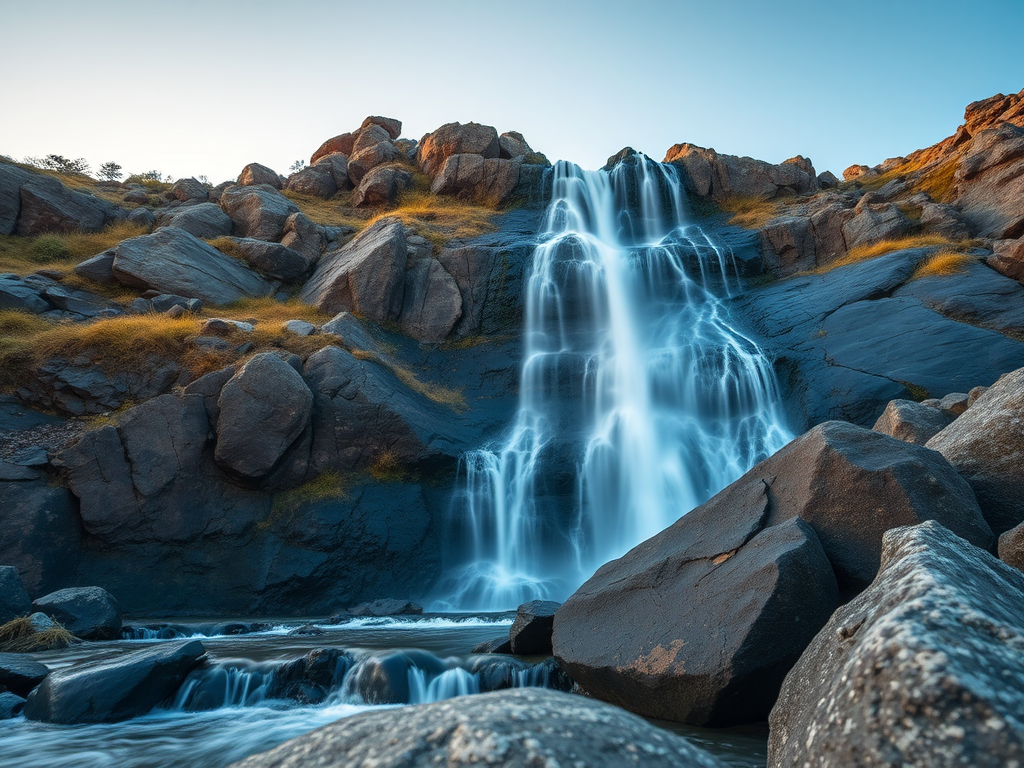 capture a high-resolution image of a cascading waterfall in a rocky landscape during the golden hour, using a DSLR camera with a 24mm lens, aperture f/8, shutter speed 1/60s, ISO 100, shot from a low angle for dramatic perspective and soft focus on the background.