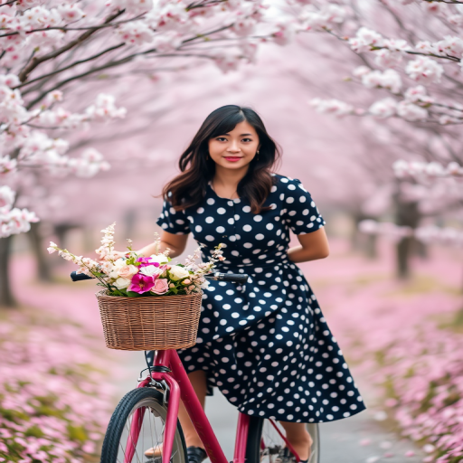 A woman in a polka dot dress riding a bicycle with a basket of flowers in a pink landscape with cherry blossom trees, soft focus, DSLR camera, aperture f/2.8, ISO 100, 50mm lens, bright pastel colors, shallow depth of field, symmetrical composition.