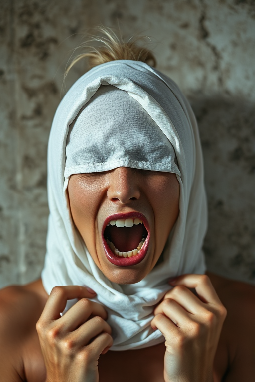 Create a close-up photographic image of a Creole woman with light skin tones shown against an old, worn wall. Their head is wrapped in a white cloth covering (i.e.... parts of the head except the nose and mouth, which are open as if they are screaming...), with a slight texture and visible folds in the fabric. Thin strands of blonde hair escape from the wrapping above, falling lightly at the top and sides. Their hands hold the fabric as if they are tugging nervously. The lighting is dramatic and even, casting strong shadows. The image has a minimalist and surreal style with an emphasis on simplicity with soft color tones. The composition is centered.