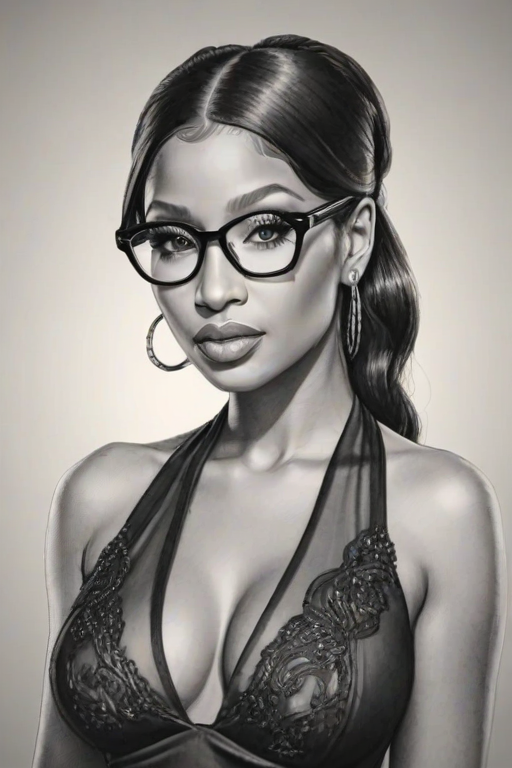 Resplendent Nicki Minaj, pencil sketch, portrait of Magnificent woman 1920s in glasses, hair style beatnik, outline, clear lines, fine lines, 8k