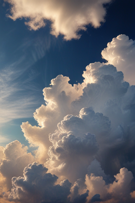 Majestic Clouds Illuminated by Sunlight Against a Deep Blue Sky