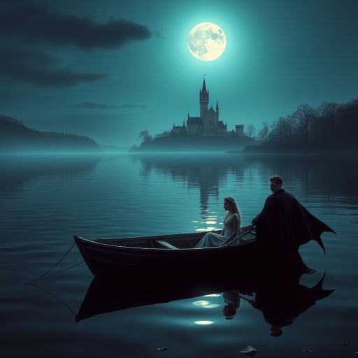 Regenerate a fantasy scene with a vampire and a woman in a rowboat on a calm lake under a full moon, with a distant castle on the shore, using a DSLR camera with a 50mm lens, f/1.8 aperture, ISO 200, 1/60 sec exposure, soft focus style, and evening lighting for enhanced image quality.