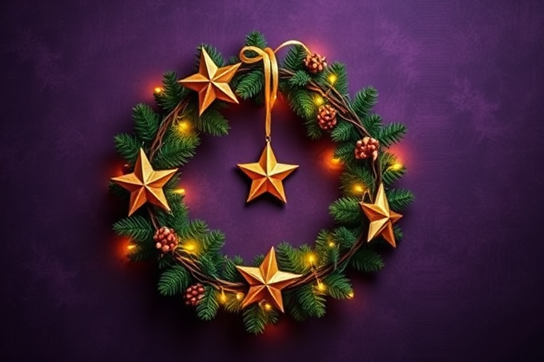create a high-resolution image of a Christmas wreath adorned with golden stars and a star ornament, illuminated with soft white lights, on a dark purple textured background, using a DSLR camera with a 50mm lens, aperture f/2.8, shutter speed 1/125s, ISO 200, taken from a straight-on view for clarity and detail