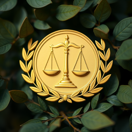 Generate a high-resolution image of a gold justice scales emblem surrounded by laurel leaves, using a DSLR camera with a 50mm lens, f/1.8 aperture, ISO 100, and natural lighting from a side view to enhance details and contrast.