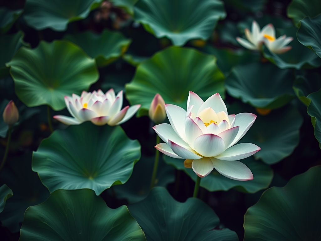 Capture a vibrant lotus plant in full bloom with lush green leaves and white flowers, using a DSLR camera with a 50mm lens, aperture set to f/2.8 for depth of field, ISO 100 for clarity, and a shallow focus to enhance the detail against a soft background.