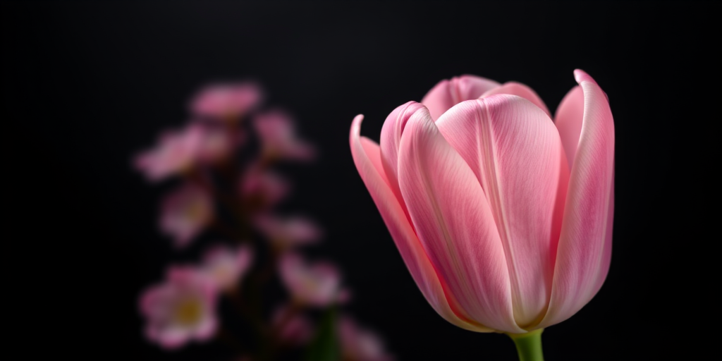 a close-up of a delicate pink tulip against a dark background with soft-focus blossoms in the distance