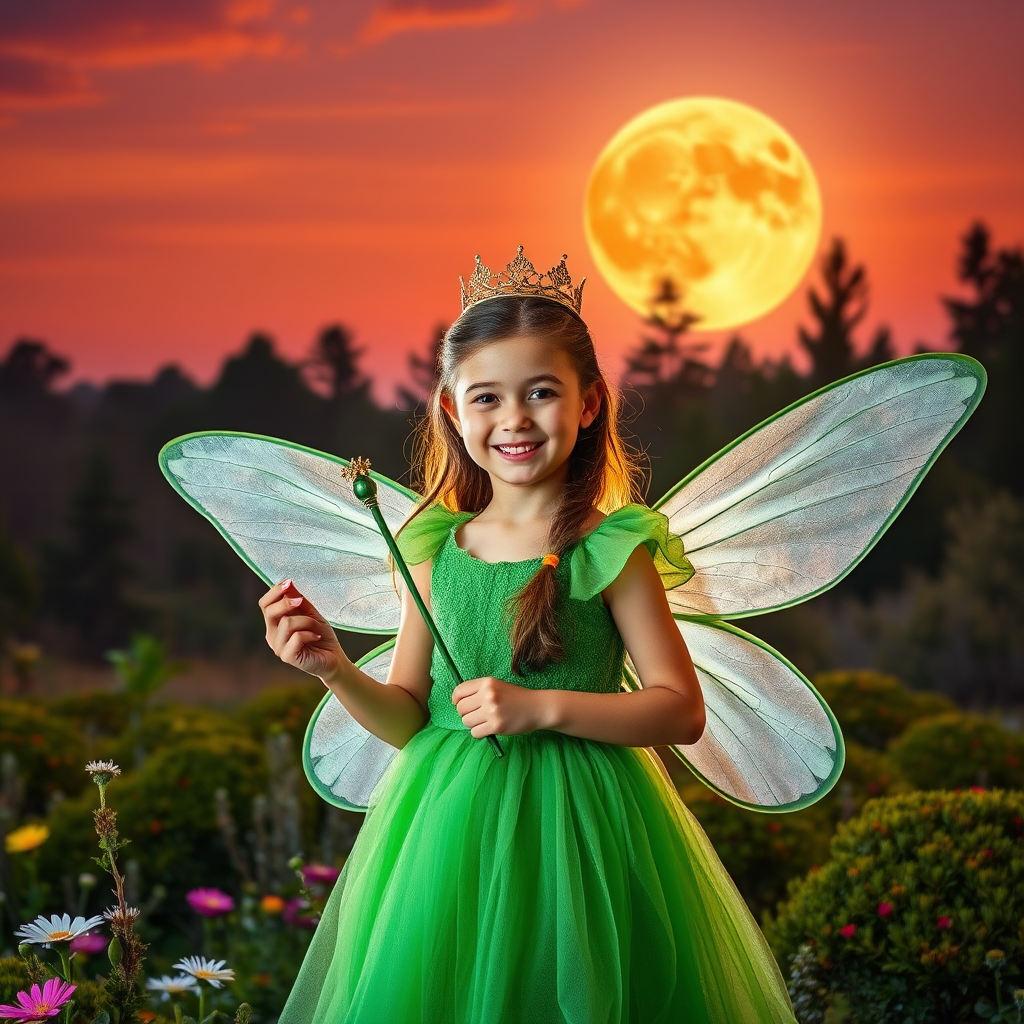 A vivid photo  taken under a bright camera flash of a fantastical scene set against a backdrop of a forest during sunset. The main subject is a girl dressed as a fairy, adorned with translucent wings and a green dress, holding a wand, her face is happy, and she wears a crown on her head. The forest behind her is a blend of flowers, shrubs and trees. The sky is painted in hues of orange and pink, with a large, glowing moon casting a warm glow over the scene. The overall color palette is dominated by earthy tones.