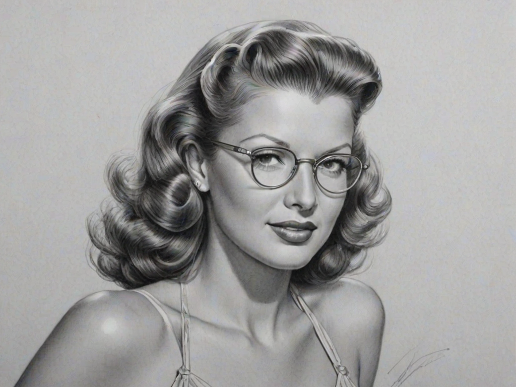 Graceful Rita Hayworth, pencil sketch, portrait of Ravishing woman 1939s in glasses, hair style beatnik, outline, clear lines, fine lines, 8k