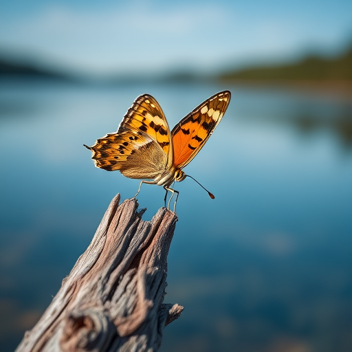 Capture a close-up shot of a butterfly perched on a weathered branch against a soft-focus lake background, using a Canon EOS 5D Mark IV, aperture f/4, shutter speed 1/200 sec, ISO 100, with a shallow depth of field and natural lighting to enhance colors and details.