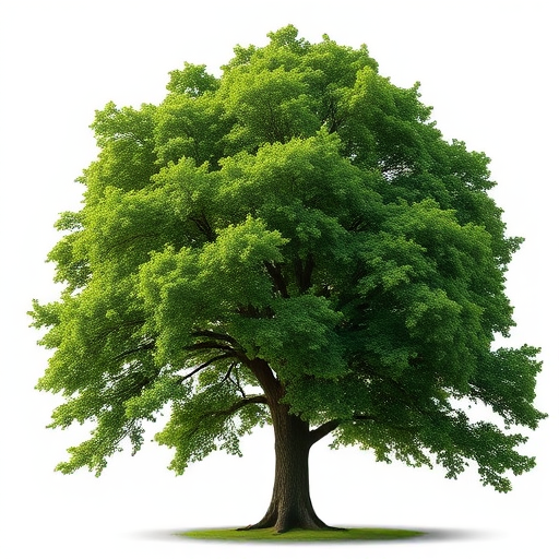 generate an image of a large, lush green tree with a full canopy and a strong trunk, set against a clear background