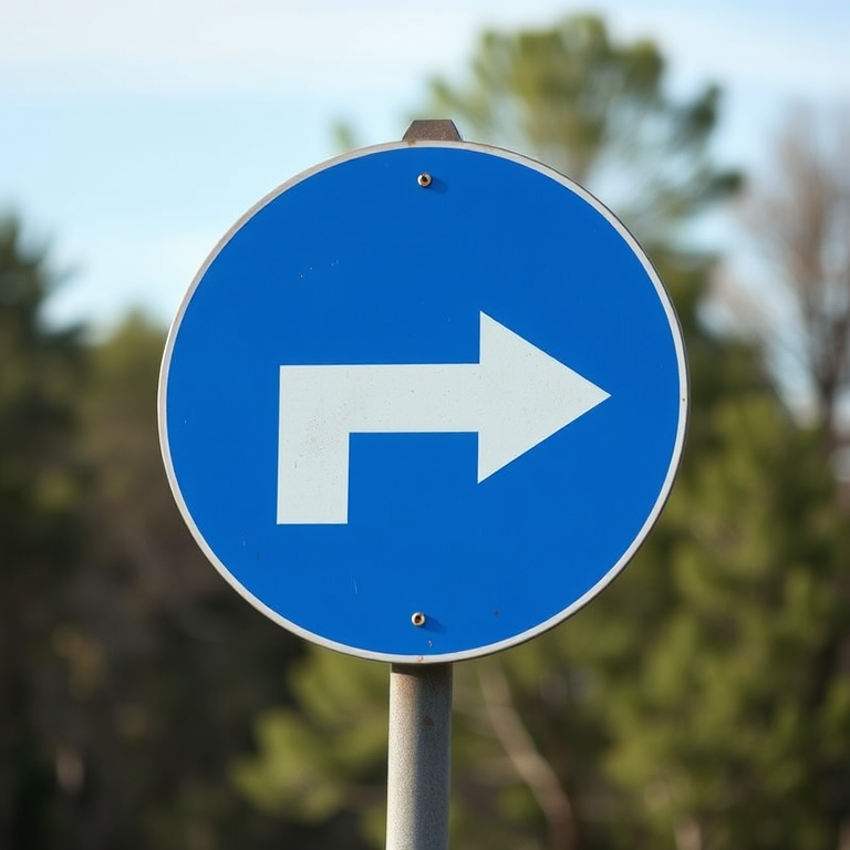 Generate a high-resolution image of a blue circular traffic sign with a white right arrow, captured with a DSLR camera at f/8 aperture, ISO 100, 50mm lens, natural lighting, and a slightly elevated angle for better visibility.