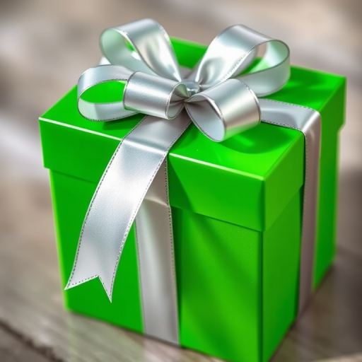 Regenerate a vibrant green gift box with a shiny silver ribbon and bow, captured from a close-up angle using a DSLR camera with a 50mm lens, aperture set to f/2.8, ISO 100, and natural lighting for enhanced color saturation and detail.