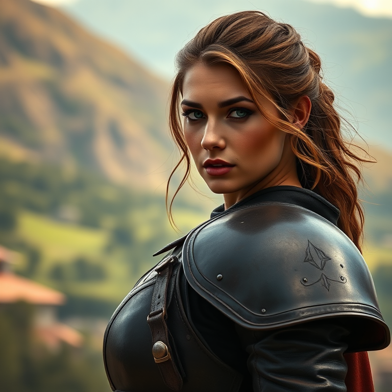 portrait of a strong woman wearing a detailed leather armor with a beautiful landscape background, aperture f/1.8, shutter speed 1/250s, ISO 100, 85mm lens, soft natural lighting, shallow depth of field, high dynamic range, digital painting style