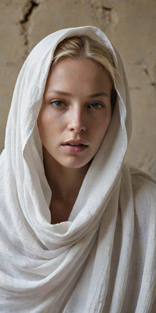 Create a close-up photographic image of the head and torso of a person with light skin tones shown against an old, worn wall. Their head is wrapped in a white cloth covering (i.e.... parts of the head except the nose and mouth, which are open as if they are screaming...), with a slight texture and visible folds in the fabric. Thin strands of blonde hair escape from the wrapping above, falling lightly at the top and sides. Their hands hold the fabric as if they are tugging nervously. The lighting is dramatic and even, casting strong shadows. The image has a minimalist and surreal style with an emphasis on simplicity with soft color tones. The composition is centered.