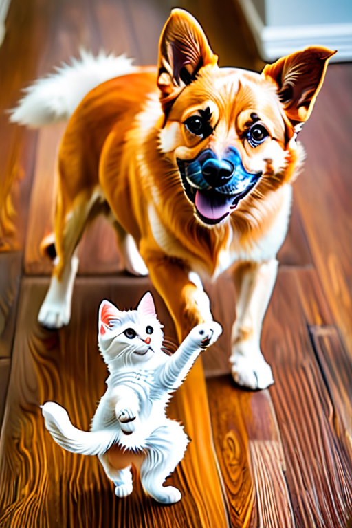 Cute cat and dog play together