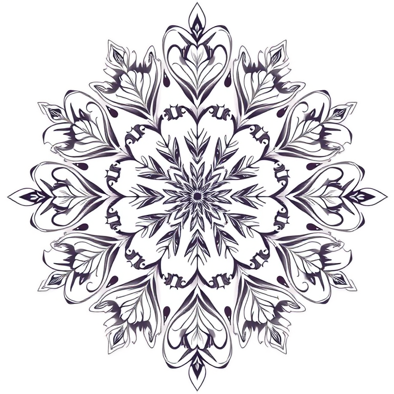 Create a symmetrical snowflake design with intricate floral patterns, high resolution, aperture f/8, ISO 100, 50mm lens, top-down view, digital illustration style.