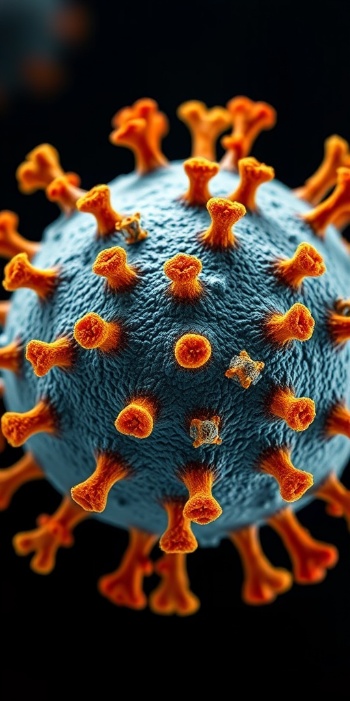 Create a high-resolution digital illustration of a virus particle with a textured surface, featuring vibrant orange and yellow spike proteins against a dark background, shot with a DSLR camera at f/8 aperture, ISO 100, 50mm lens, top-down view, using macro photography techniques to enhance the details and saturation.